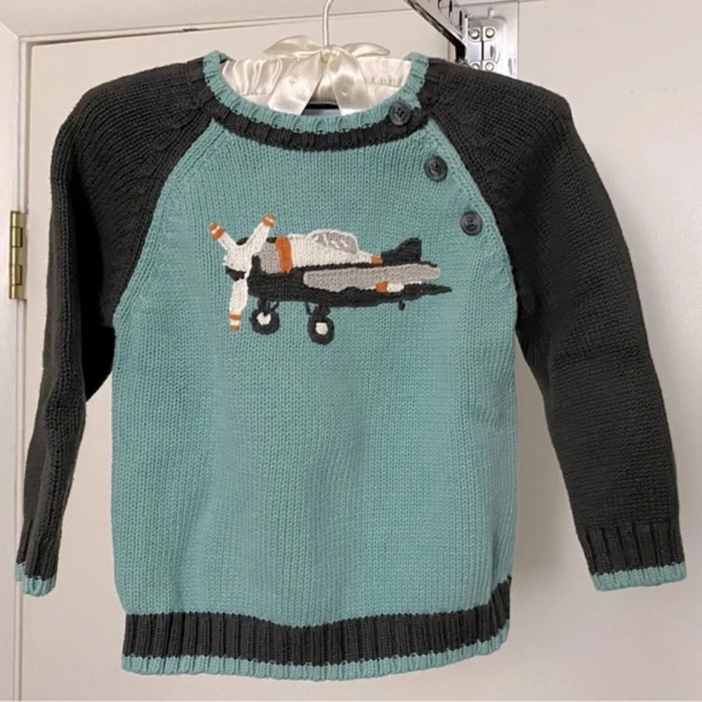 Janie and Jack Cotton Knot Sweater with Airplane 12-18M